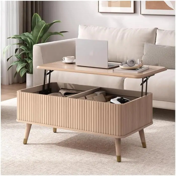 Lift top coffee table with storage,mid century modern table,fluted wood rectangle center for living room,office