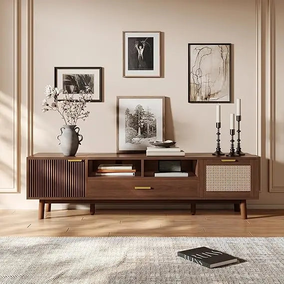 Mid century modern tv stand for tvs up to 75” boho entertainment center media console with 2 doors 1 drawer and open