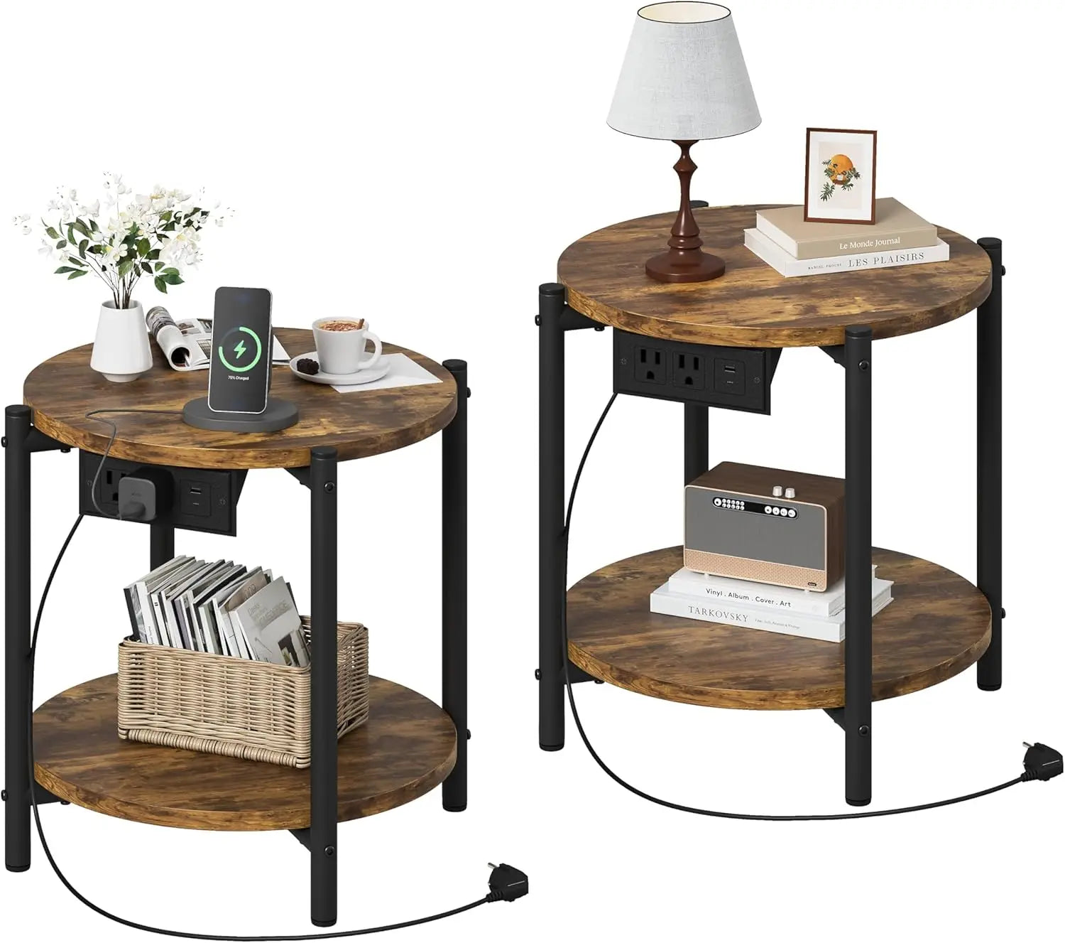 Likimio side table set of 2,15.8’’ w modern wooden nightstand for small spaces round & with charging station,bedroom