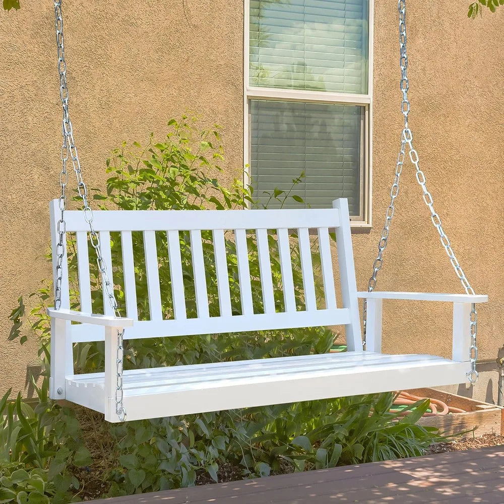 Outdoor patio hanging wooden porch swing 5ft with chains 3-person heavy duty bench for garden and backyard white