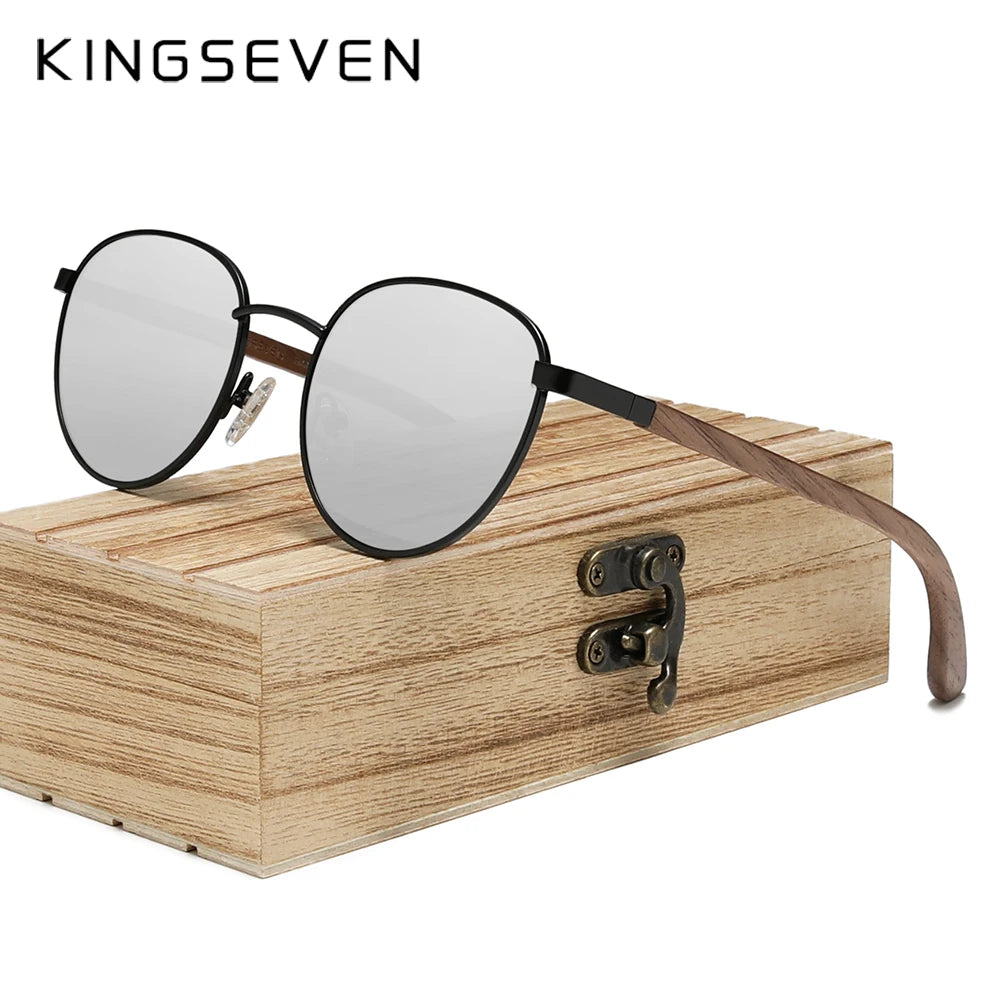 Kingseven round walnut wooden sunglasses for men polarized uv400 protection lens retro eyewear women handmade vacation
