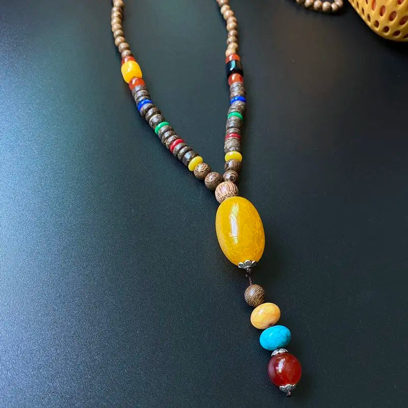 Chinese style minimalist wooden necklace long buddha bead sweater chain versatile personalized pendant men’s