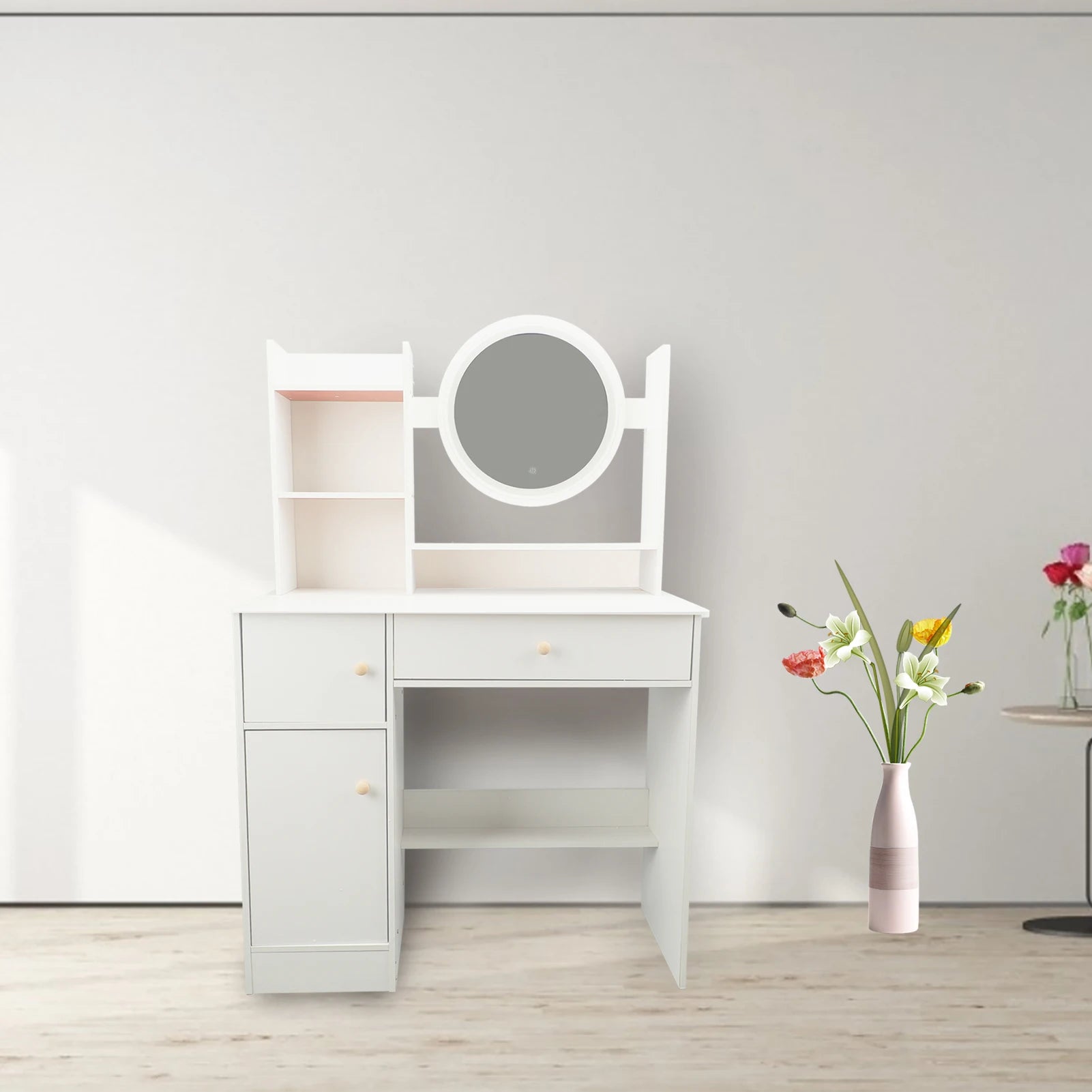 Vanity desk space saving modern white 2 drawers multifunction strong makeup table with mirror and lights for living