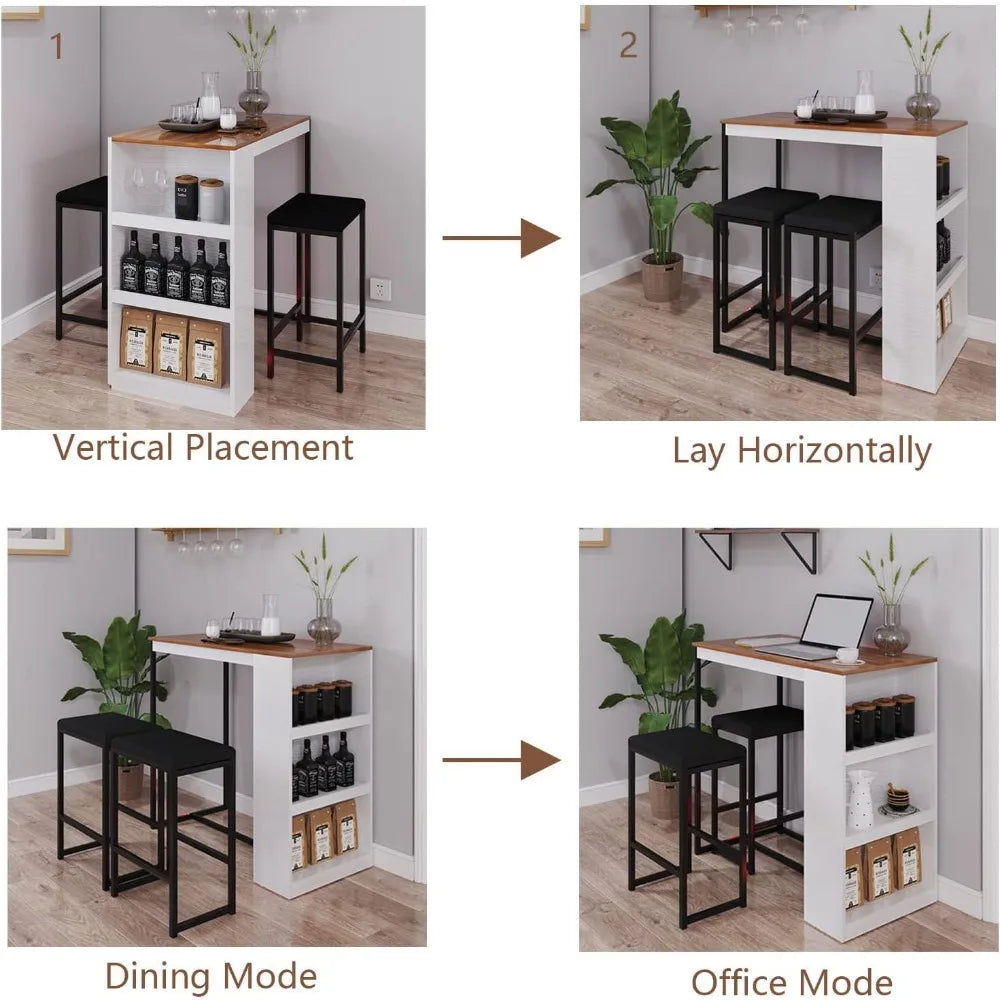3-piece wooden dining set with storage & counter height kitchen table for 2