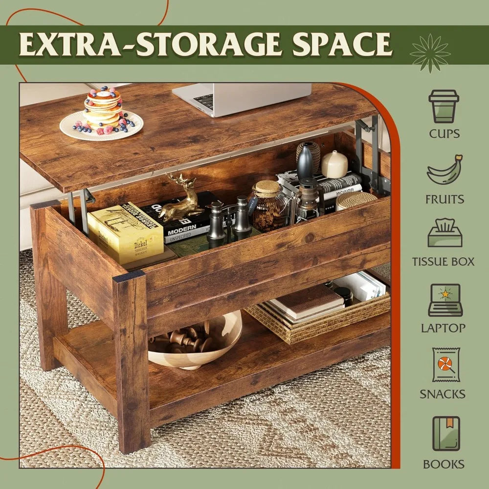 Rustic brown 39 lift-top coffee table with secret compartment and storage shelf for living room - united states