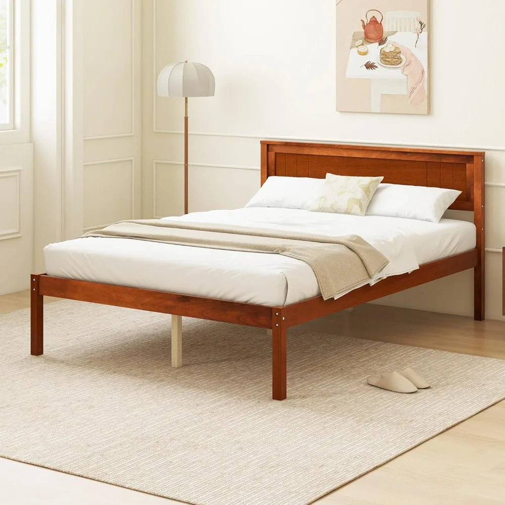Full size wood platform bed with headboard mid century solid slat support double frame