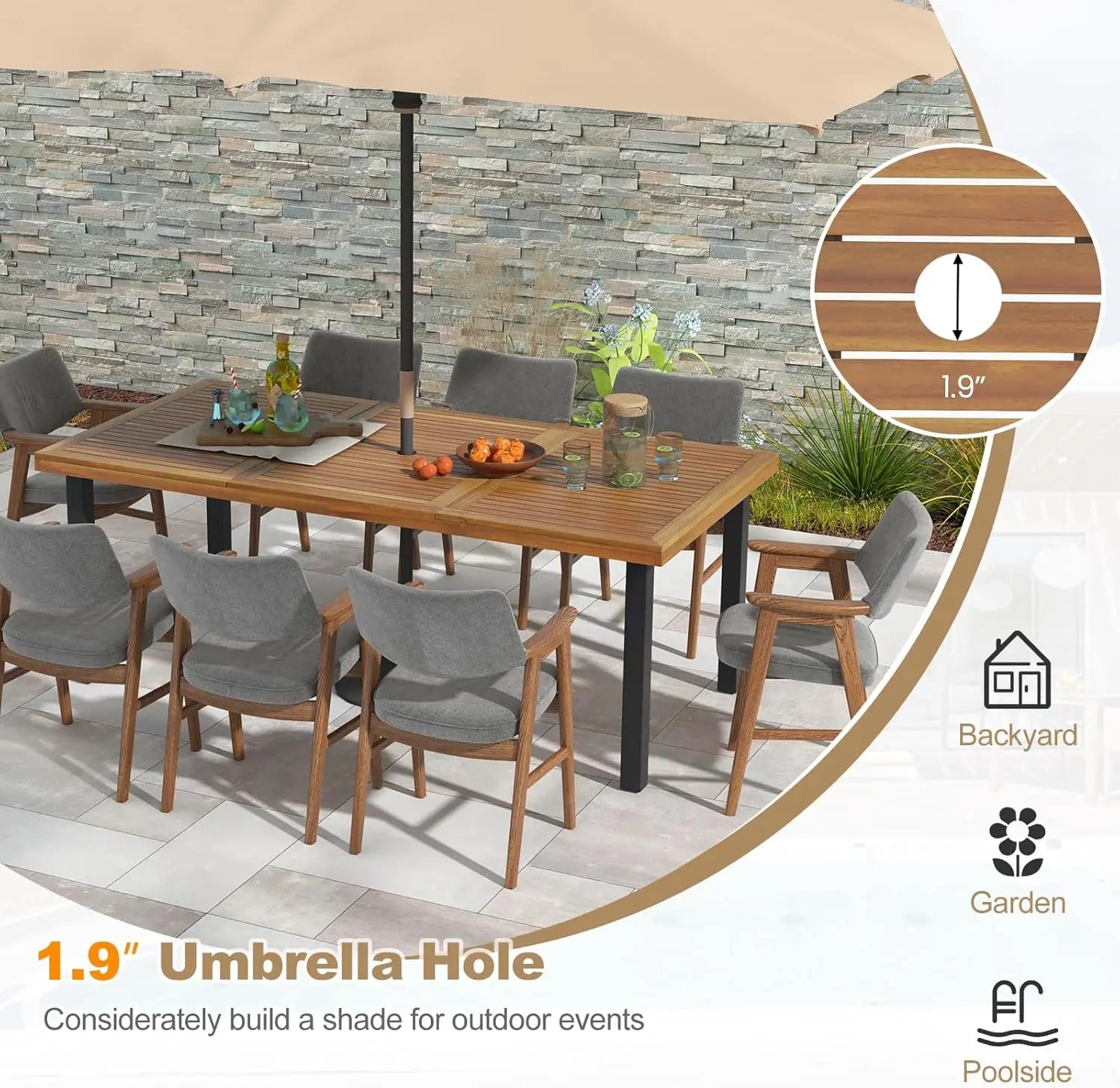 79 inch acacia wood dining table patio for outdoors & indoors rustic rectangular bistro with 1.9” umbrella hole