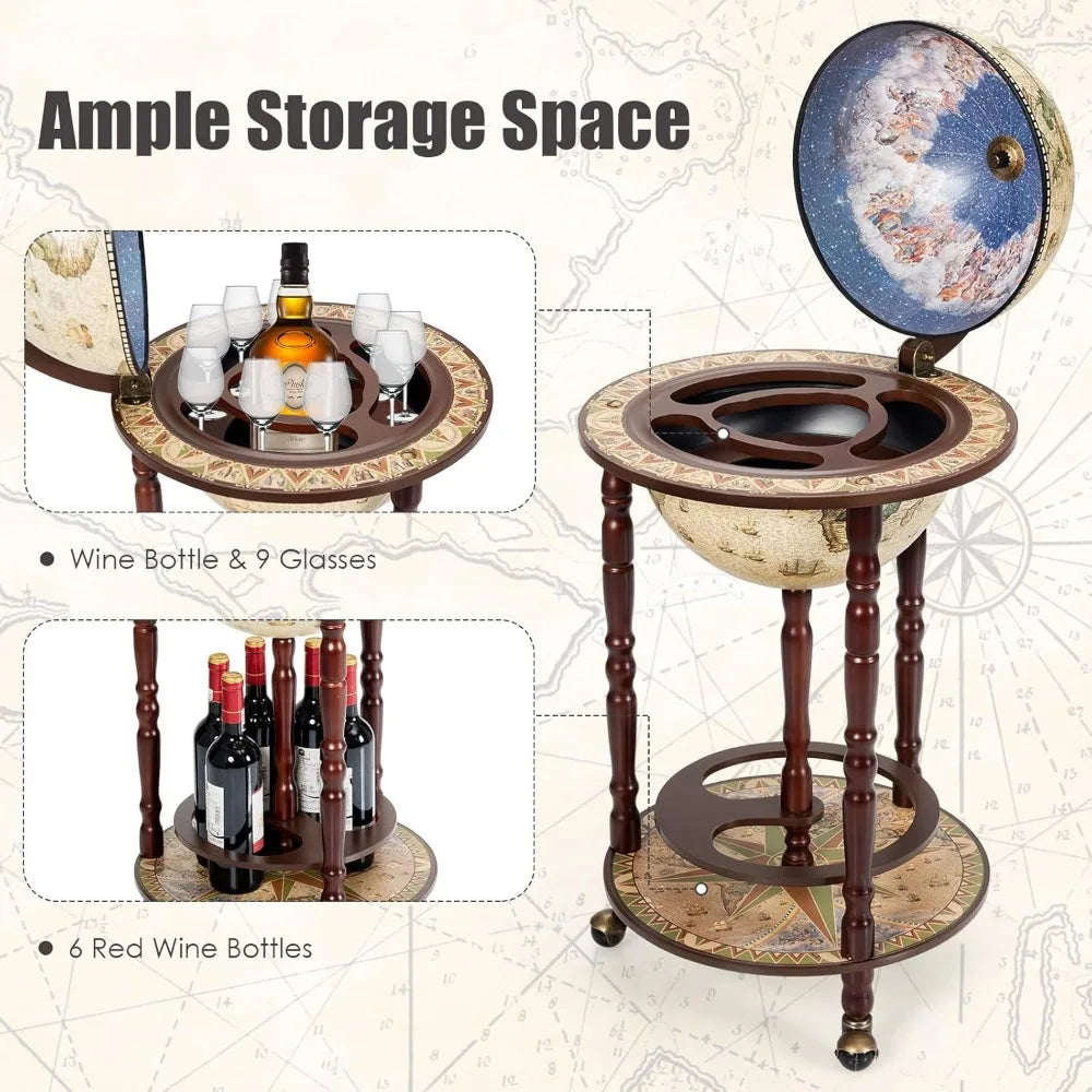 Italian replica 17th century globe wine bar stand with wooden cabinet and rolling wheels for liquor bottles - united