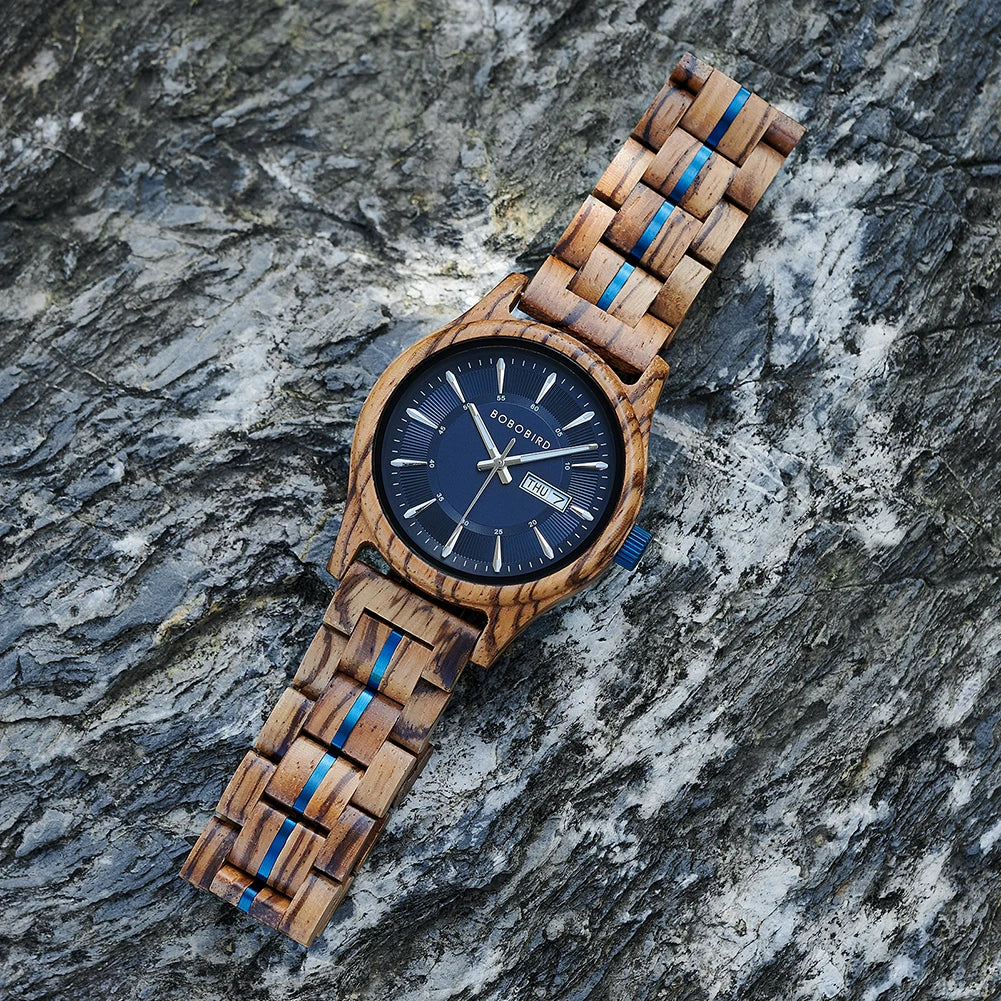 Bobo bird men’s wooden watch with blue dial – natural handmade wood wristwatch date display anniversary gift in box