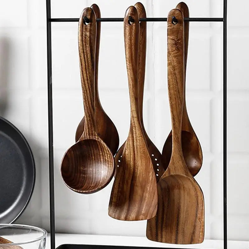 4pcs wooden cooking spoons natural wooden kitchen tableware tool soup spoon colander spoon spatula thin or fork utensils