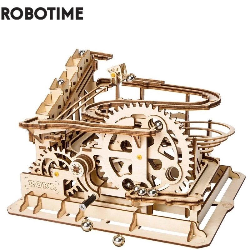 Robotime rokr 4 kinds marble run diy waterwheel wooden model building block kits assembly toy gift for children adult