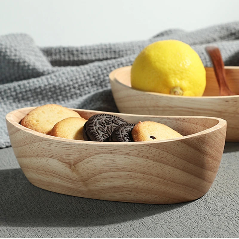 Japanese boat-shaped wooden bowl salad fruit dessert large tableware natural material thickened anti-scald