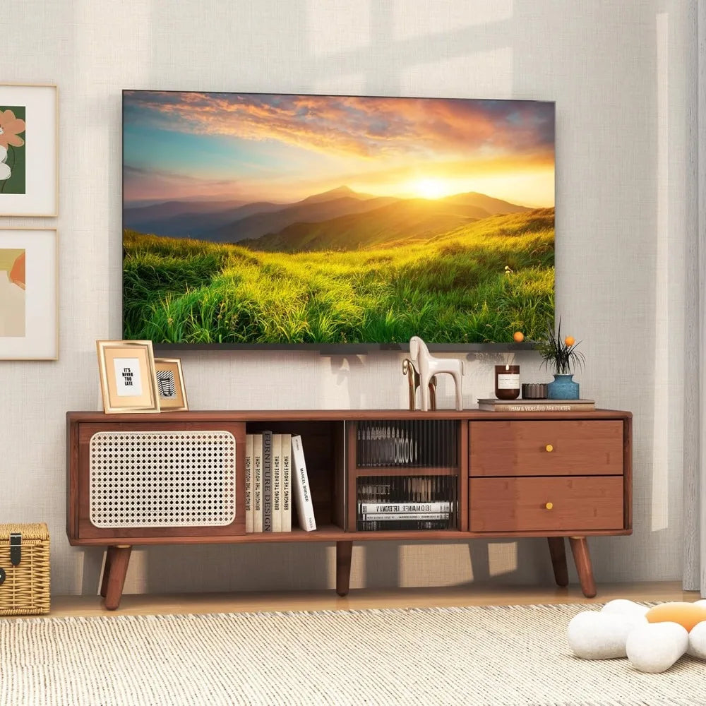Mid century modern bamboo tv stand with glass and rattan sliding doors for tvs up to 65’’ - natural / united states
