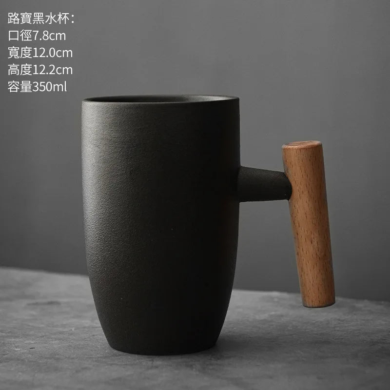 350ml creative japanese ceramic coffee cup kiln changed wooden handle latte mug large capacity water retro tea set - 03