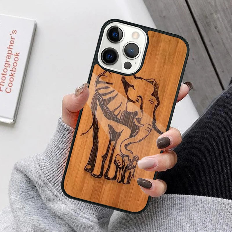 Bamboo wooden animals phone case for iphone 17 air 16 15 14 12 pro max plus magsafe magnetic wireless charging cover