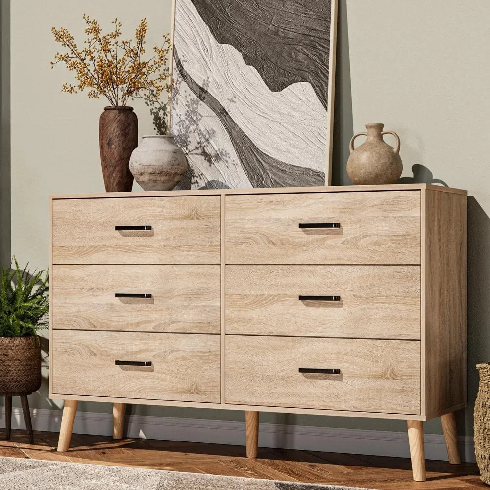 Mid-century modern 6-drawer wood bedroom dresser with metal handles - united states / light oak