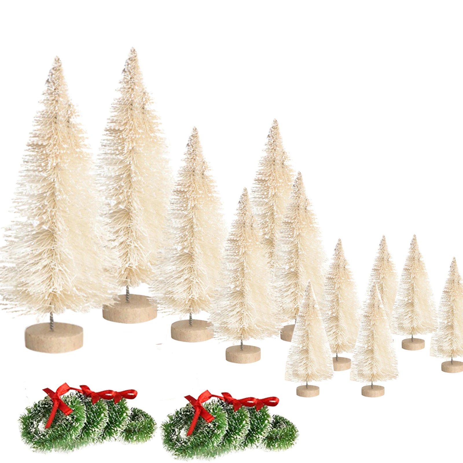 12pcs artificial mini christmas trees with 8pcs small wreaths bottle brush wood base frosted - blue / united states