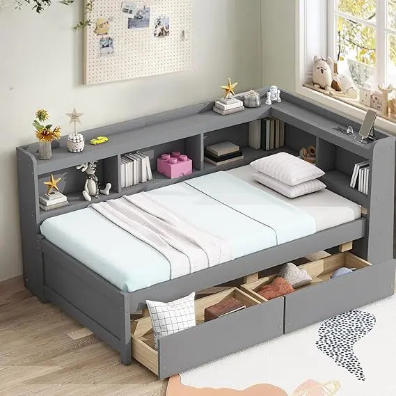 Full size daybed with storage and drawers l-shaped corner bed frame bookcase headboard solid wood captains for - grey