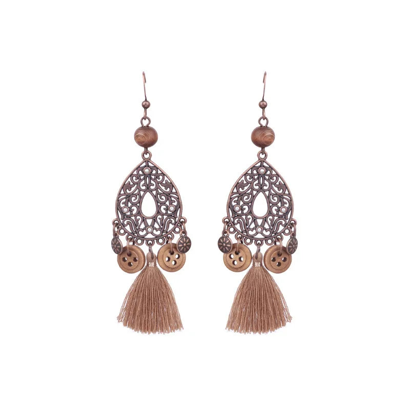 10pairs/lot earrings geometric hollow out flower design beaded vintage wood ear clip - multi - earring