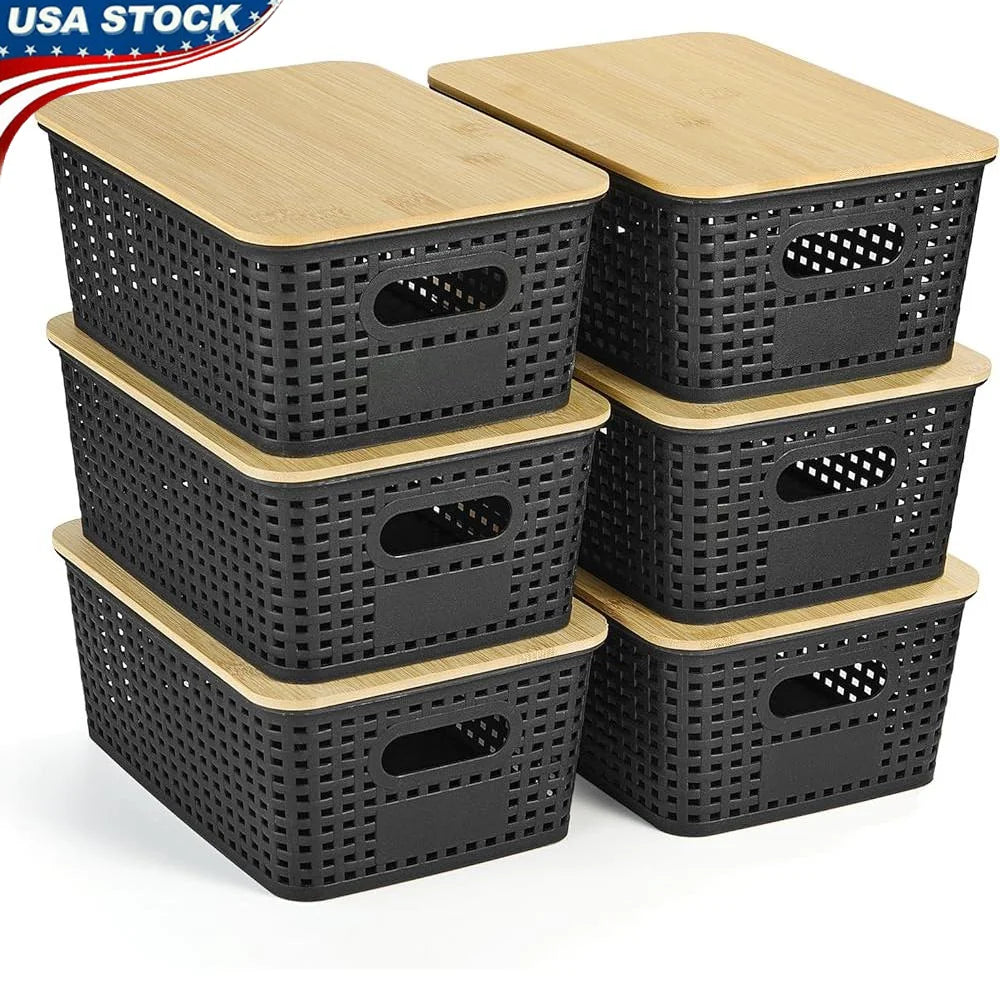 Stackable plastic storage baskets with bamboo lid portable organizing containers home kitchen bathroom closet shelf 6