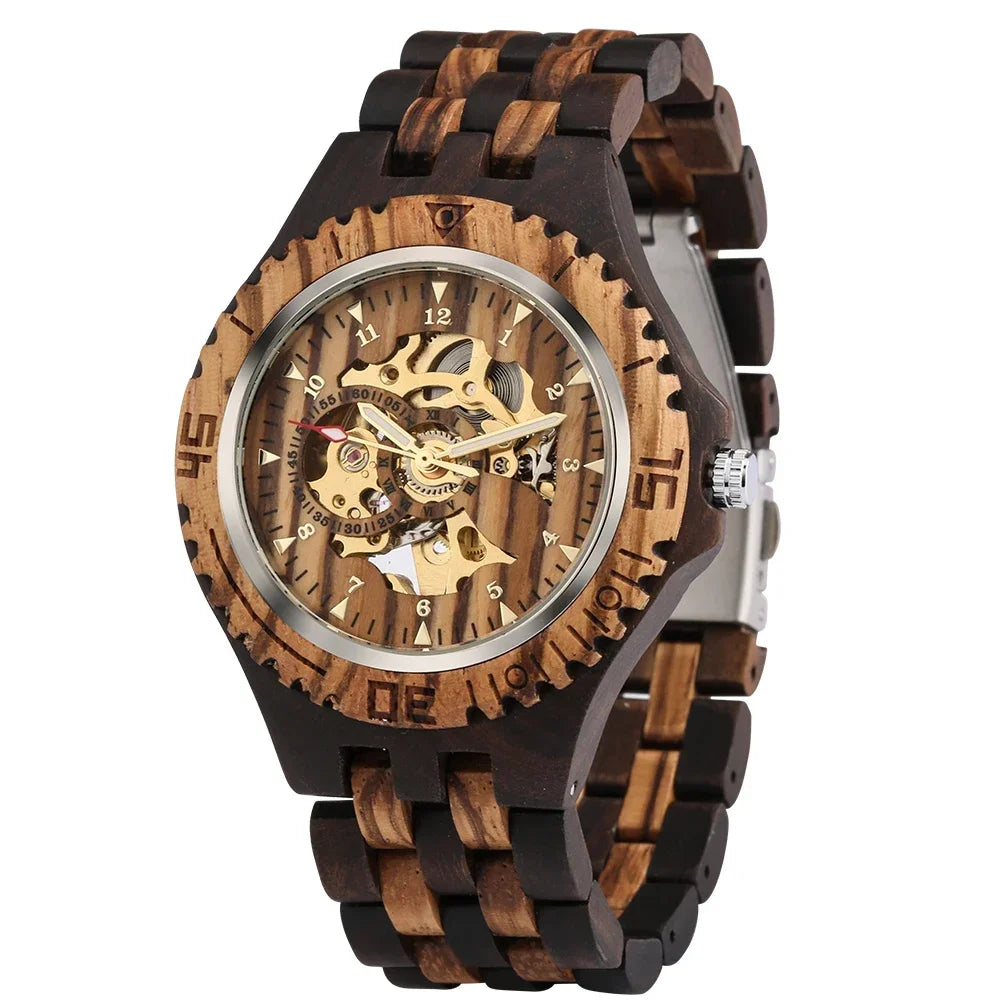 New full wooden automatic men watches gold analog arabic numerals display wood bracelet wristband self-winding male