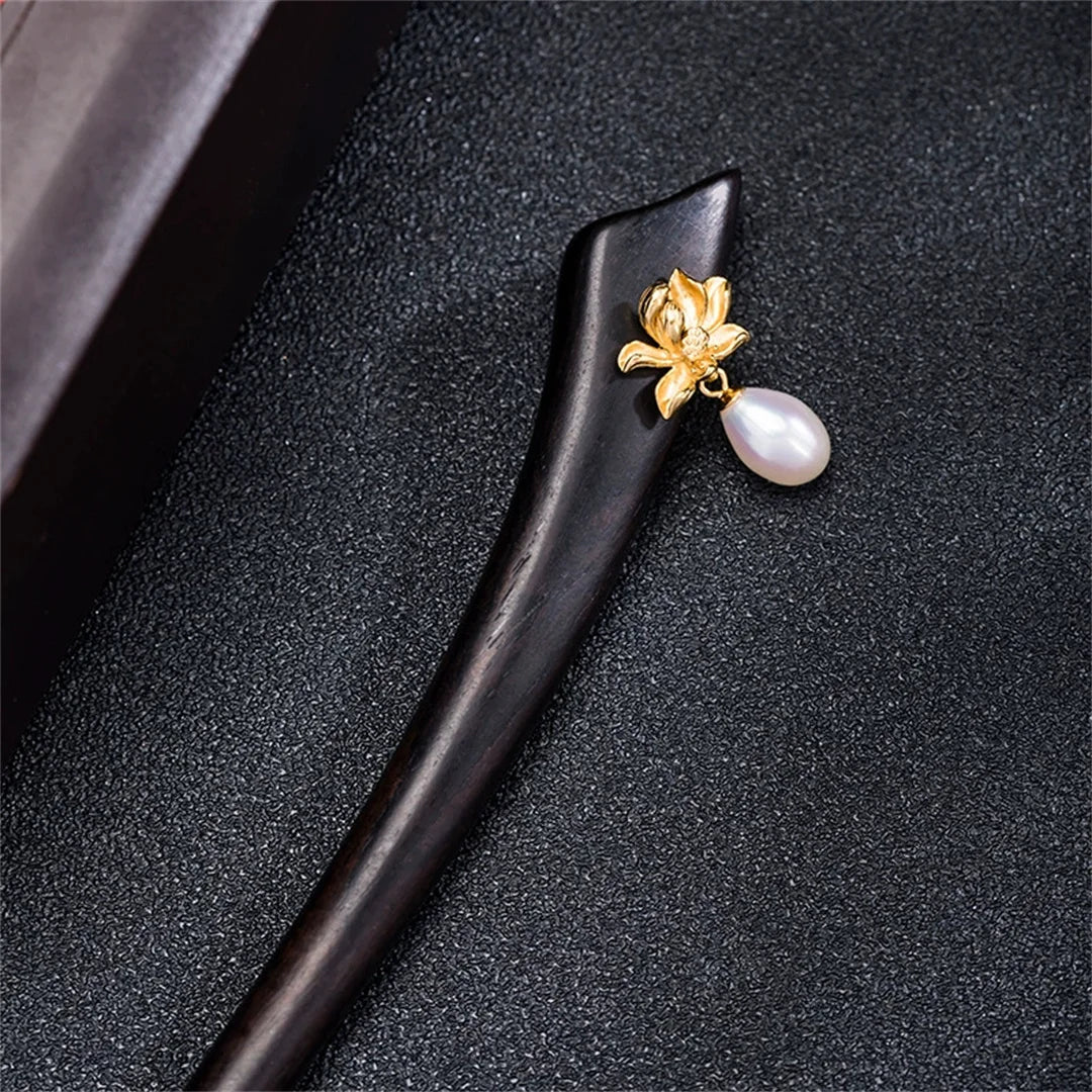 New100% s925 pure silver women’s elegant hairpin retro ebony wood lotus pearl blossom chinese style hanfu hair jewelry