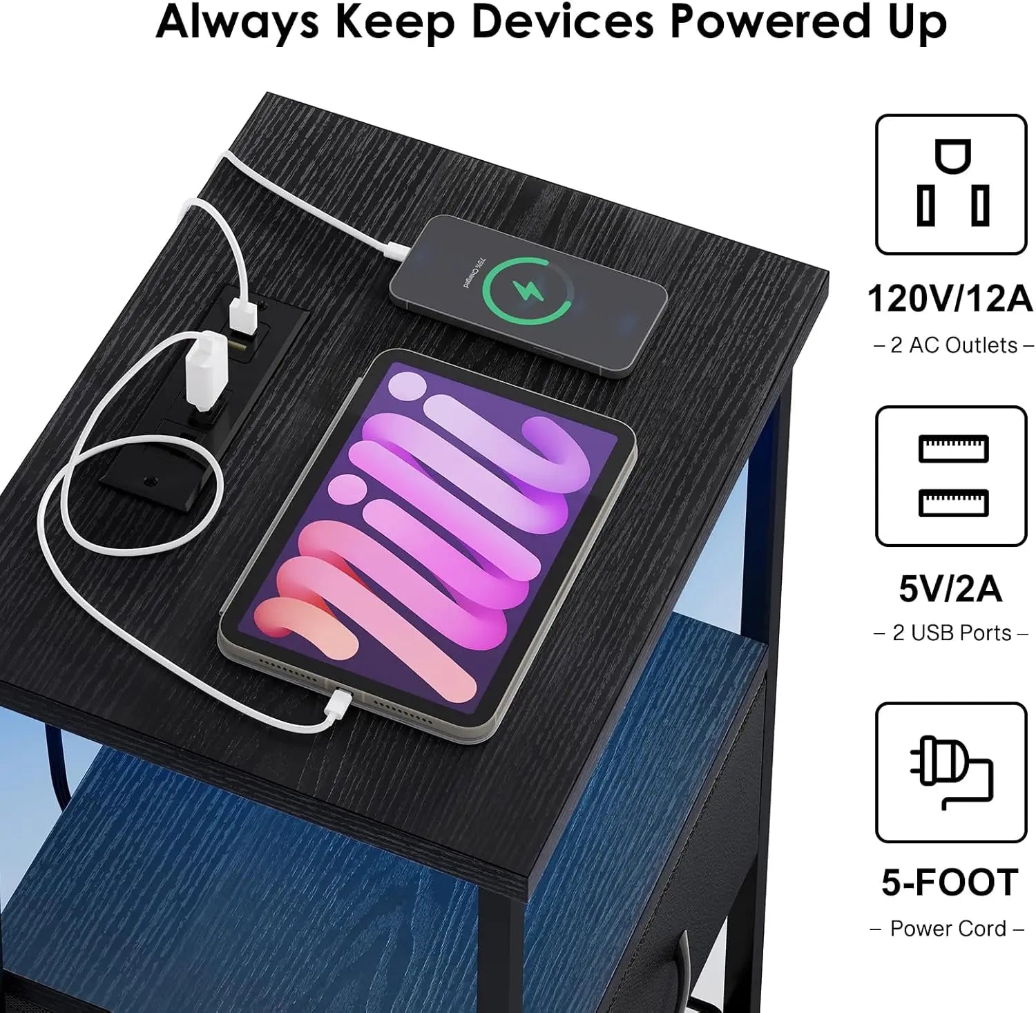 Night stand set of 2 with charging station led nightstand fabric drawers end table pu finish bed side black - black2