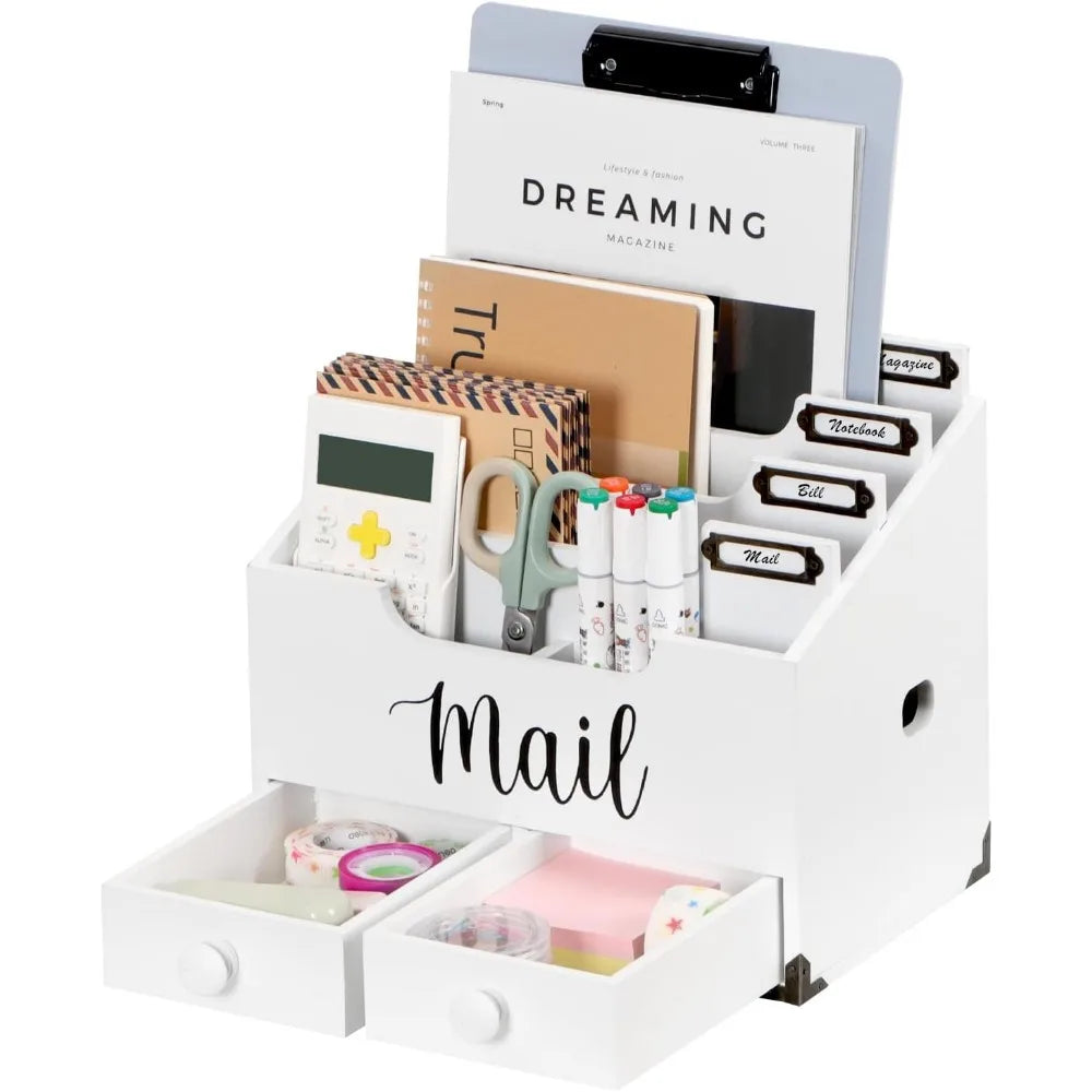 Mail organizer desktop wood desk with 2 drawers 4 compartments for home office accessories white - united states