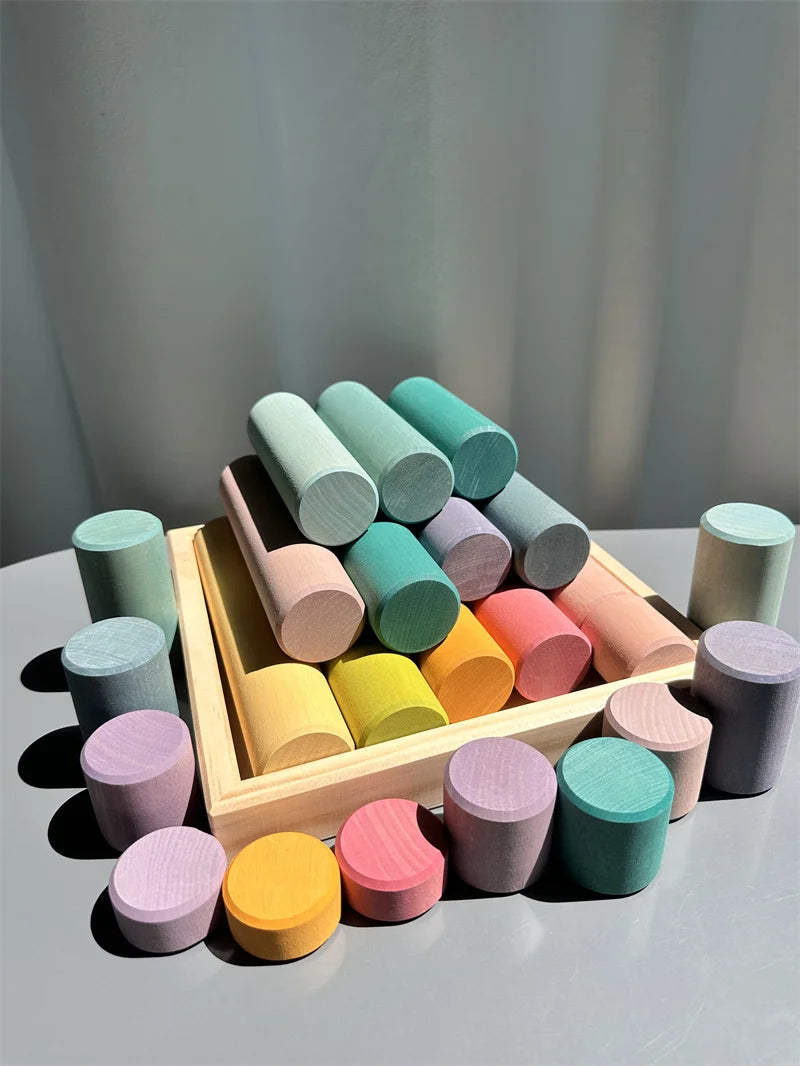 Kids large wood building rollers pastel blocks stain lime stacking cylinders forest trees rings educational creative