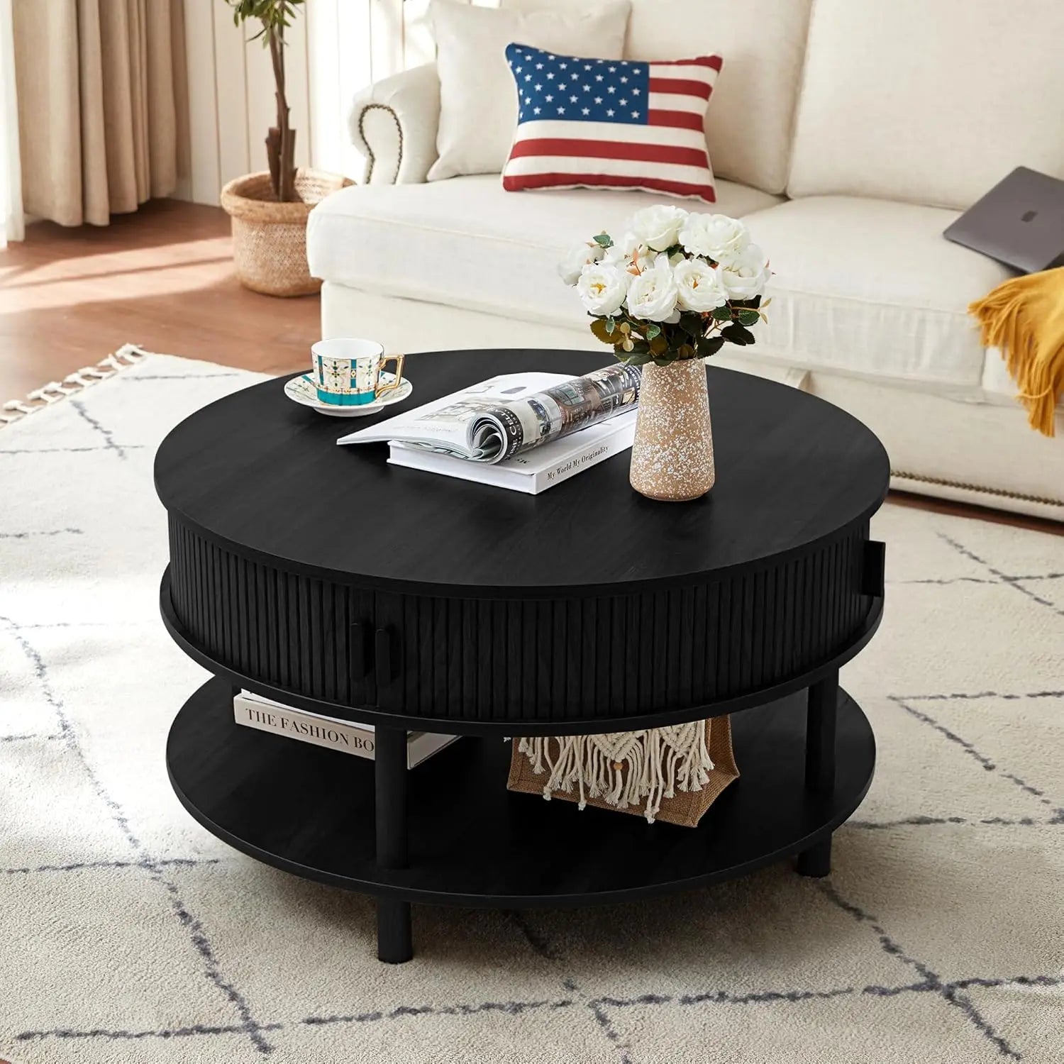 31.5’’ round coffee table with storage wood circle sliding cabinet doors fluted dining accent - black / united states