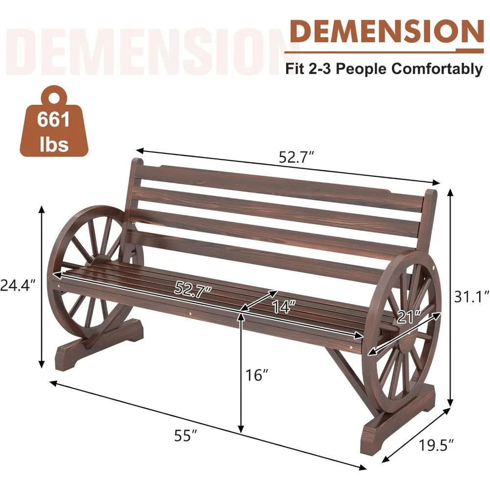 Rustic wooden wagon wheel 3-person patio bench with backrest for outdoor backyard furniture - style1 / united states