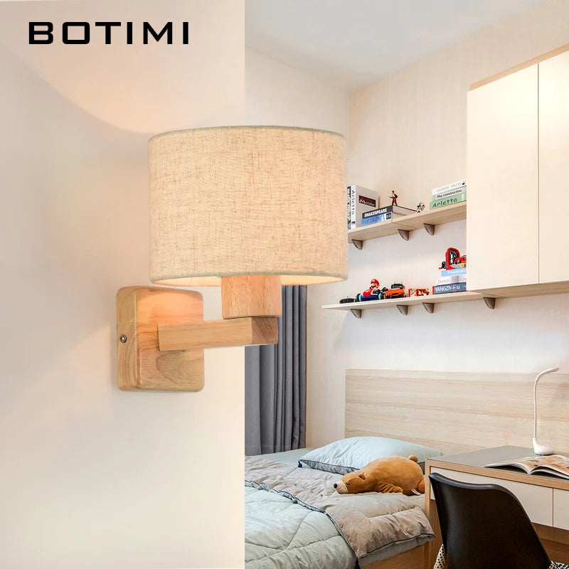 Botimi fabric lampshade led wall lamp for living room hotel bedside wooden sconce e27 luminaire bed reading home