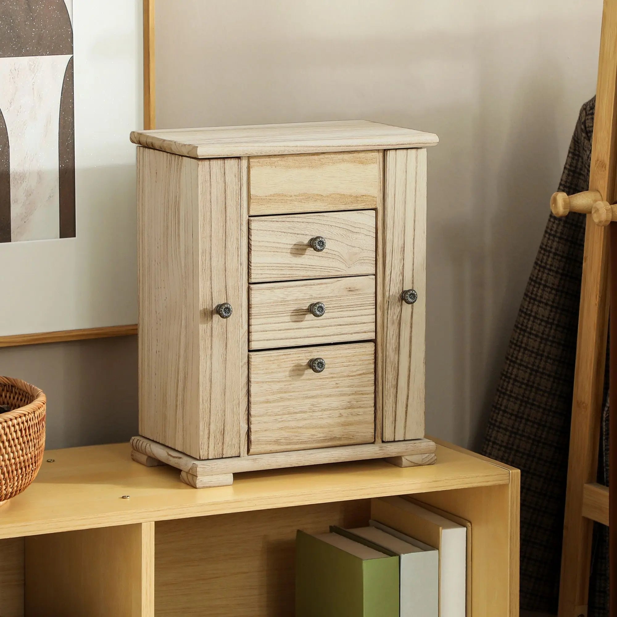 For 4-tier wooden jewelry box for women organizer with mirror and 2 drawers rings earrings necklaces brown - united