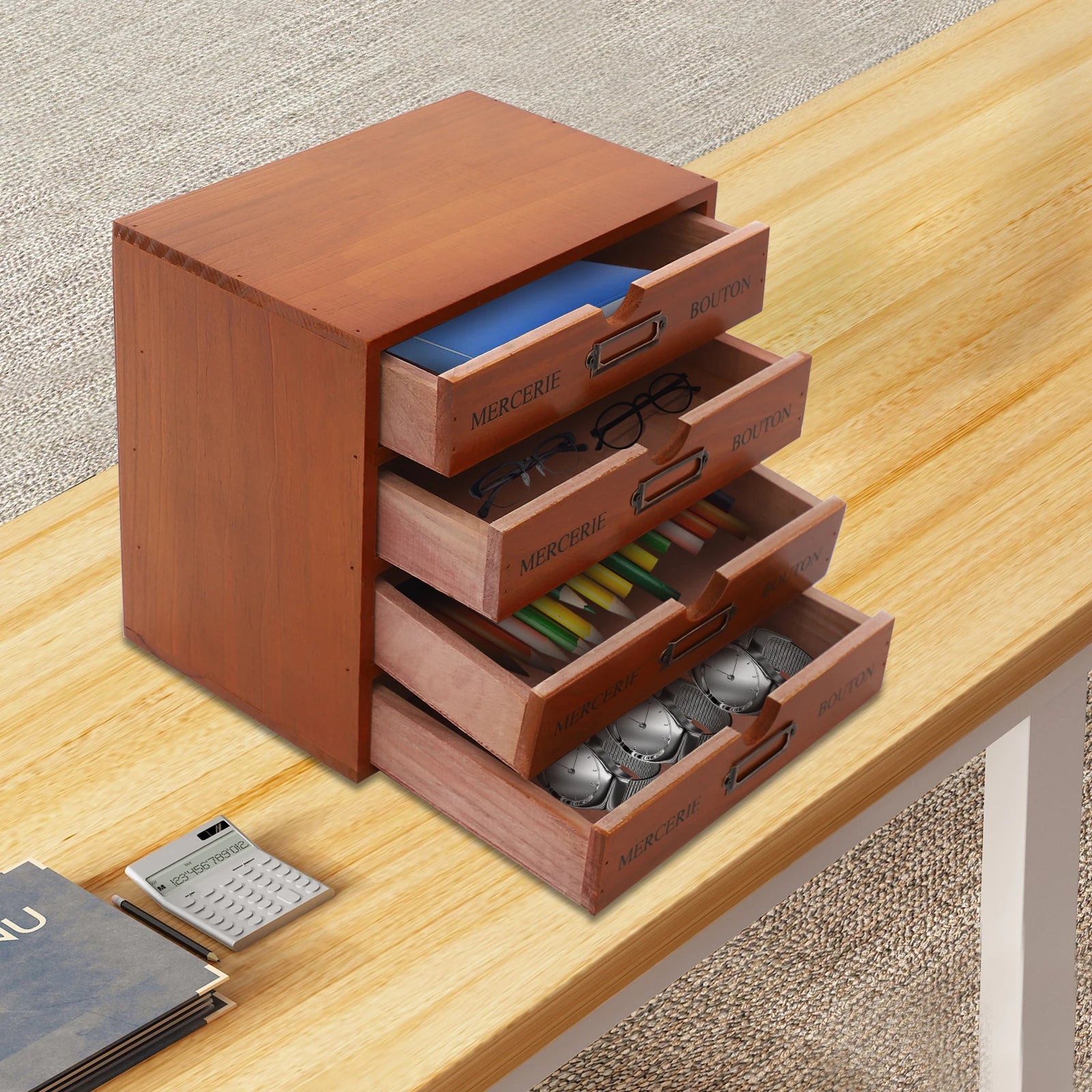 4-drawer vintage wooden organizer mini pine wood storage box desktop space-saving for cosmetics tea stationery - brown