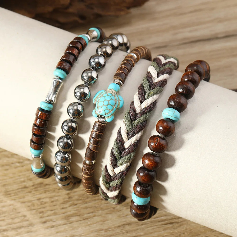5-piece bohemian sea turtle vintage wooden shell wax rope woven bracelet set - united states / 5pcs