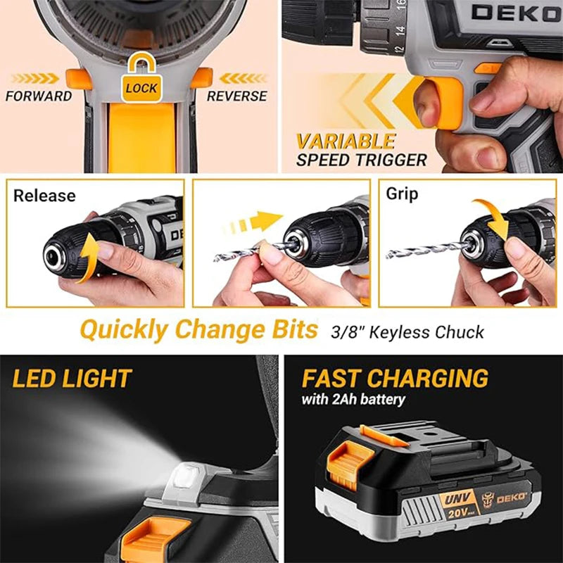Deko 20v cordless drill kit with battery men’s manual repair basic toolbox suitable for household tools
