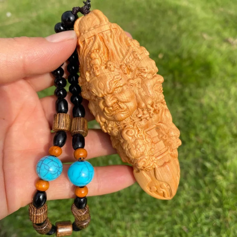 Hand carved cypress wooden multi face vajra phurpa pendant charm - buddhist ritual tool portable piece car hanging gift