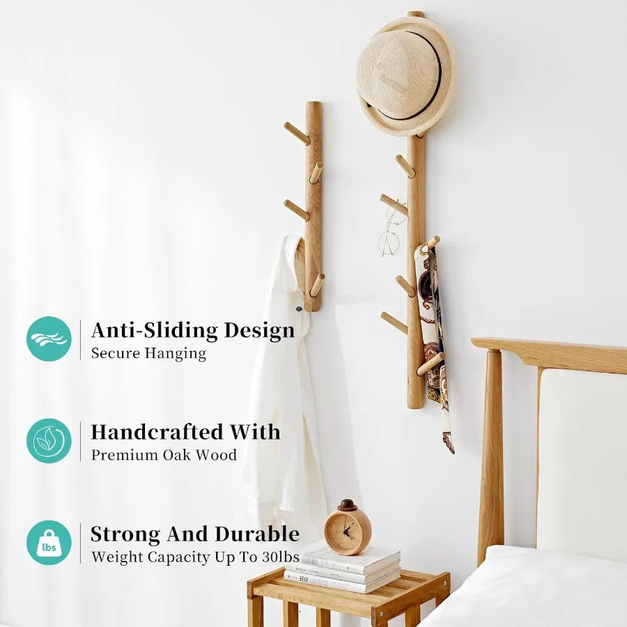 Oak wood coat rack wall mount hooks with 4 for clothes hats towel purse robes entryway bathroom mudroom bedroom 16ih