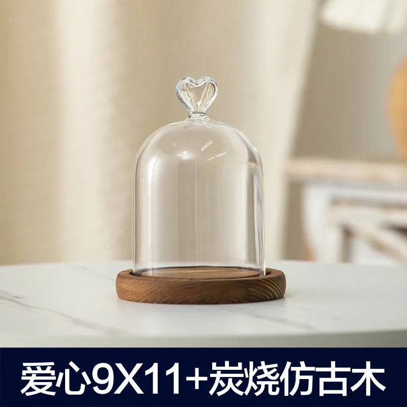 Aromatherapy candle holder ornaments dust-proof glass cover wooden base display box home decoration - love 11cm