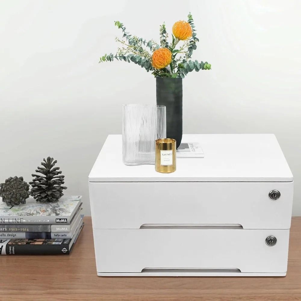 Wooden desk organizer with drawers lockable desktop countertop storage cabinet home file tabletop (2 drawer white)