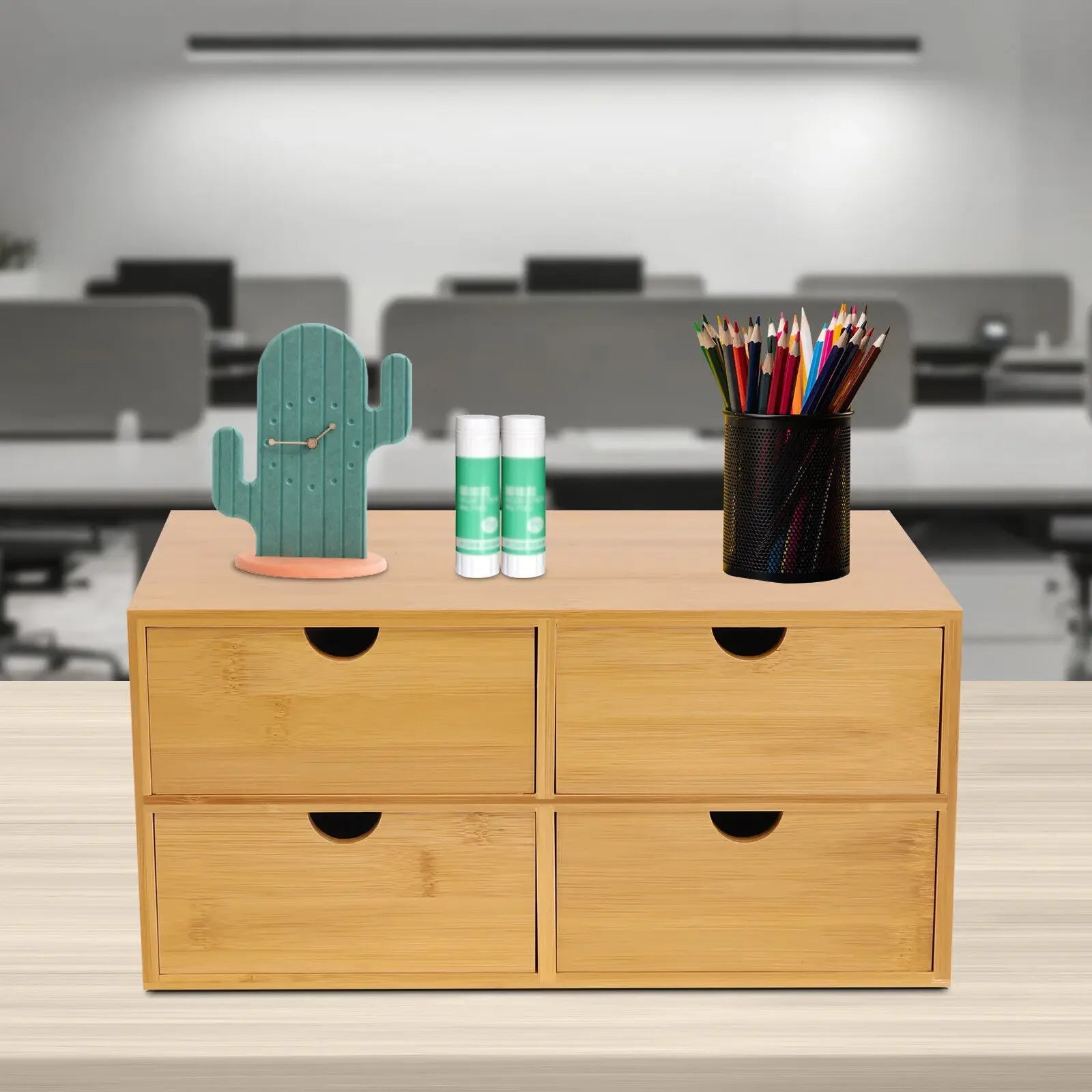 Bamboo desk organizer with 4 storage drawers tabletop box school office stationery home - light brown / united states