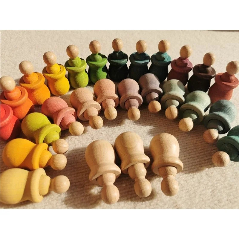 Rainbow wood peg dolls with cups handmade stain stacking people in bowls for kids open-ended play - game