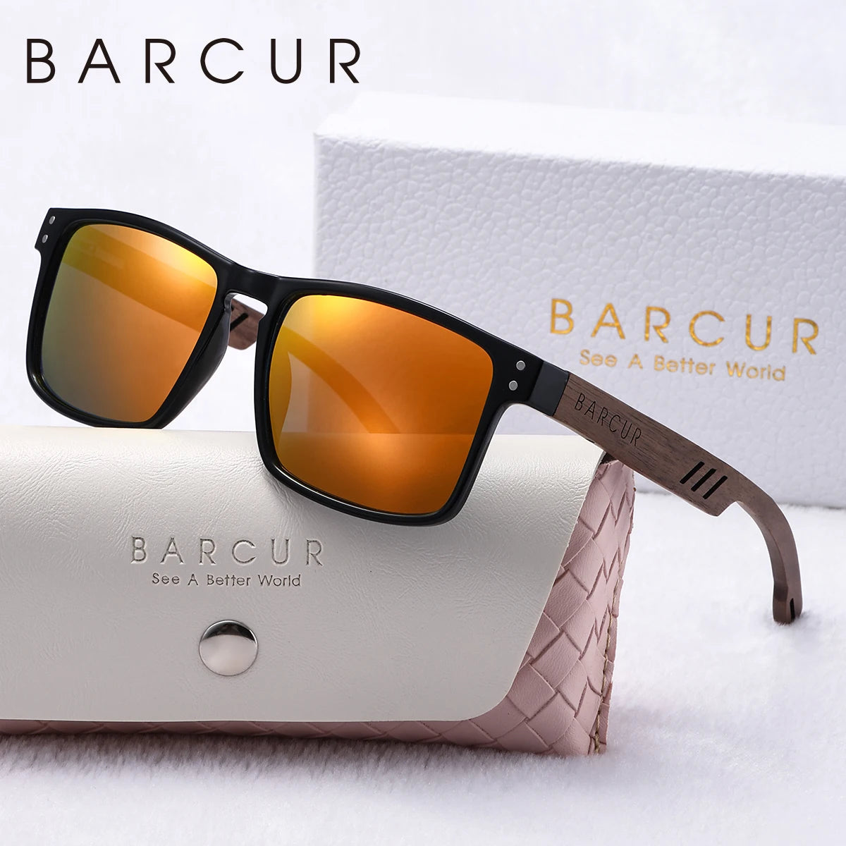 Barcur fashion double round nail polarized sunglasses walnut foot spring hinge pure natural wooden uv women - orange