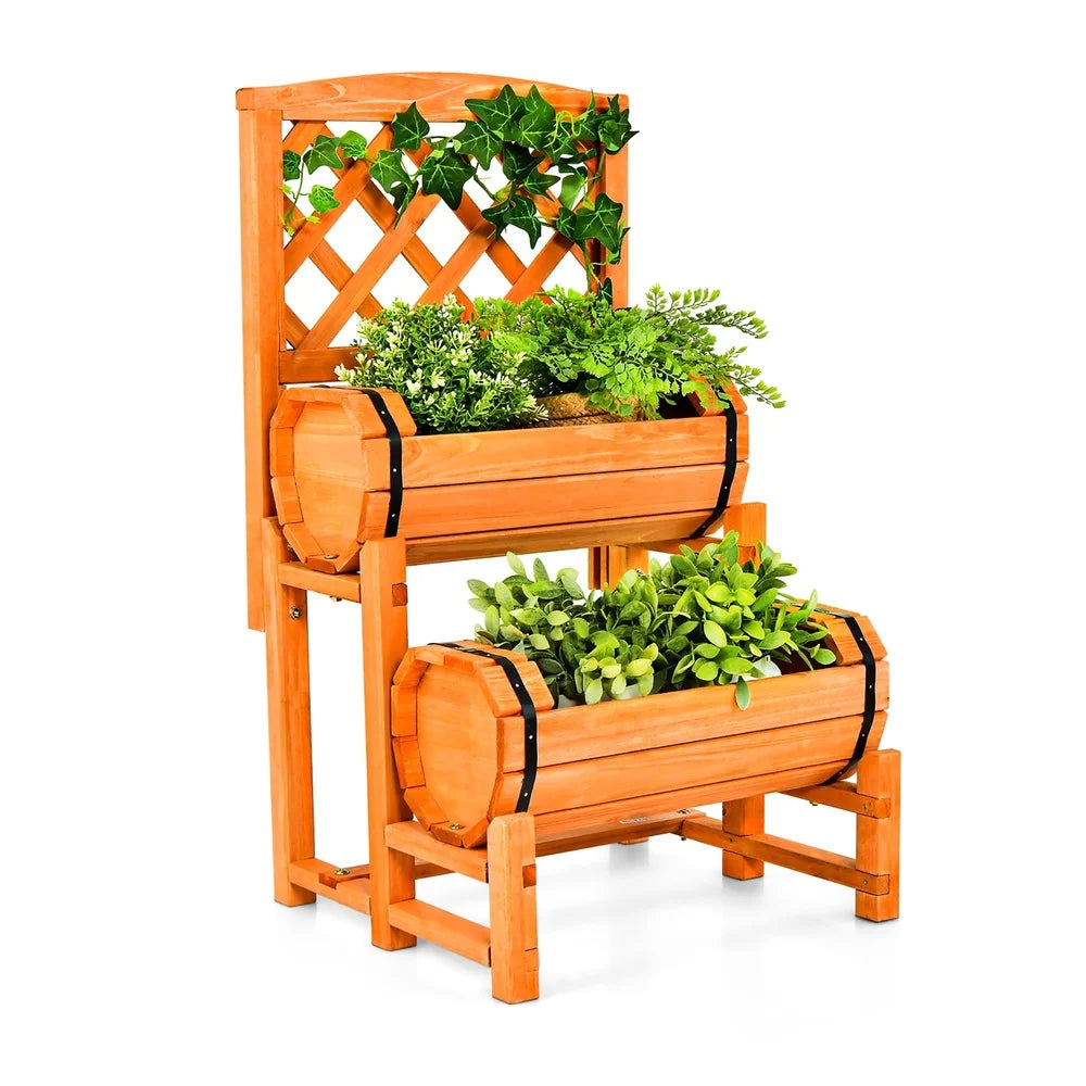 2-tier wooden raised garden bed with 2 cylindrical planter boxes and trellis climbing plants outdoor indoor