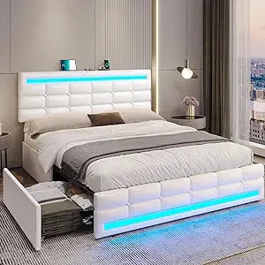 Adorneve queen bed frame with led lights leather platform storage drawers and charging station siz - pu white / united