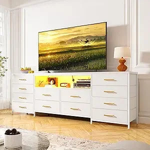 12 drawer dresser tv stand for 65 70 75 inch 63’’ w extra long bedroom with led lights & power outlets entertainme