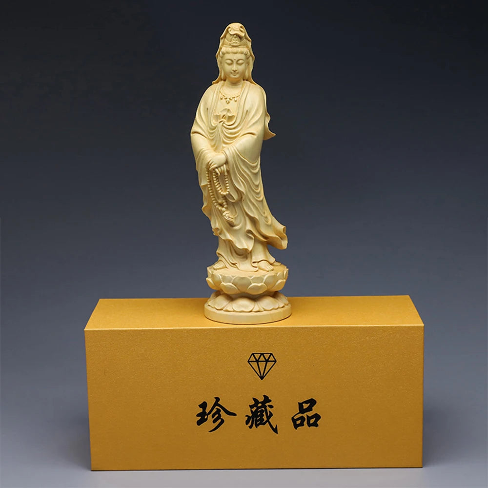 Wood carving avalokitesvara bodhisattva buddha statue boxwood arborvitae figure of home decor crafts offering ornaments