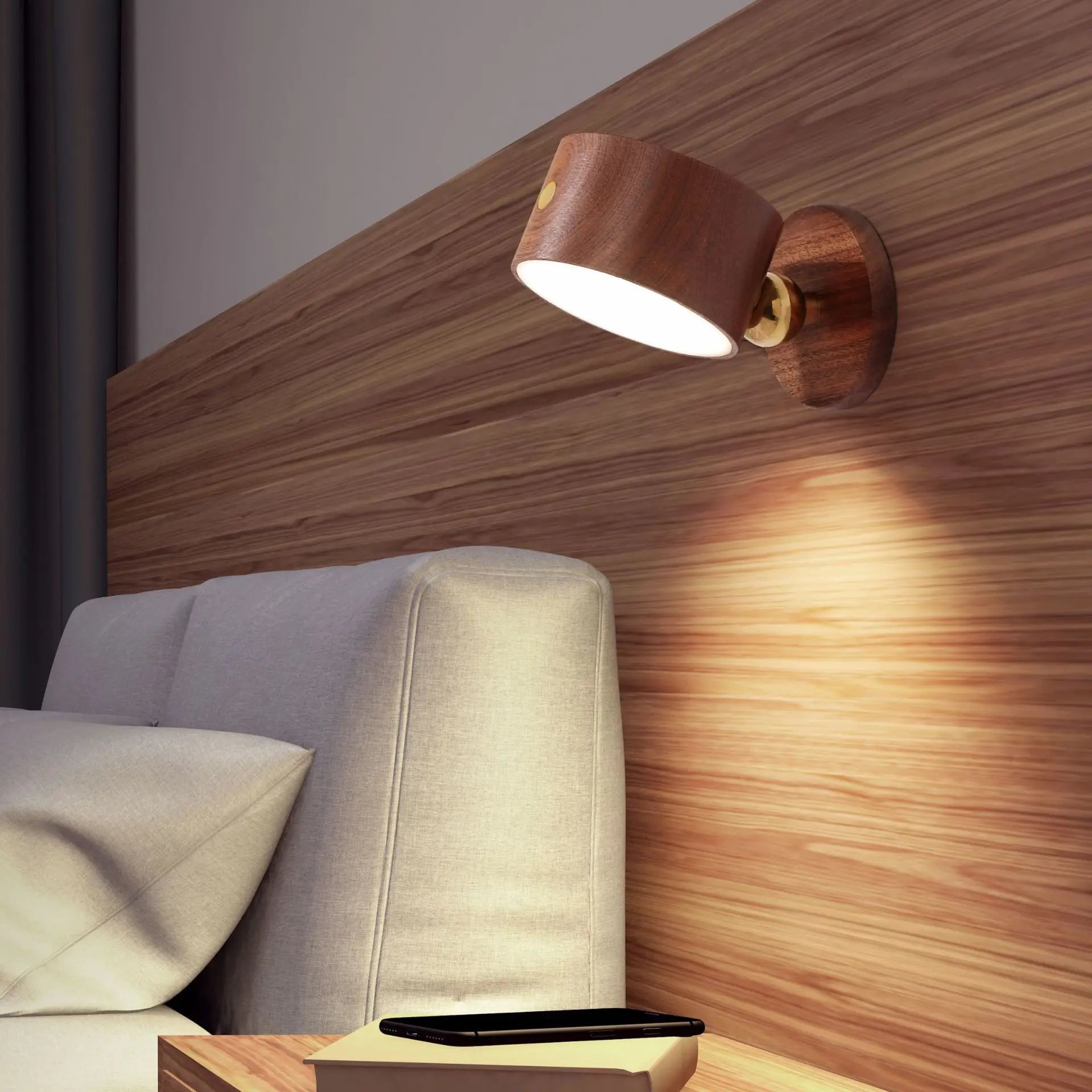 New wooden wall mounted lamp 360° rotating touch control led sconce usb rechargeable cordless design magnetic night