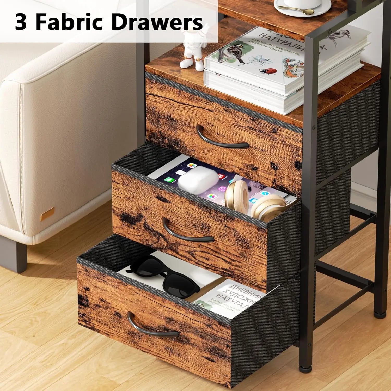Night stand tall nightstand with 4-tier shelves and 3 fabric drawers led bed side tables charging station bedside table