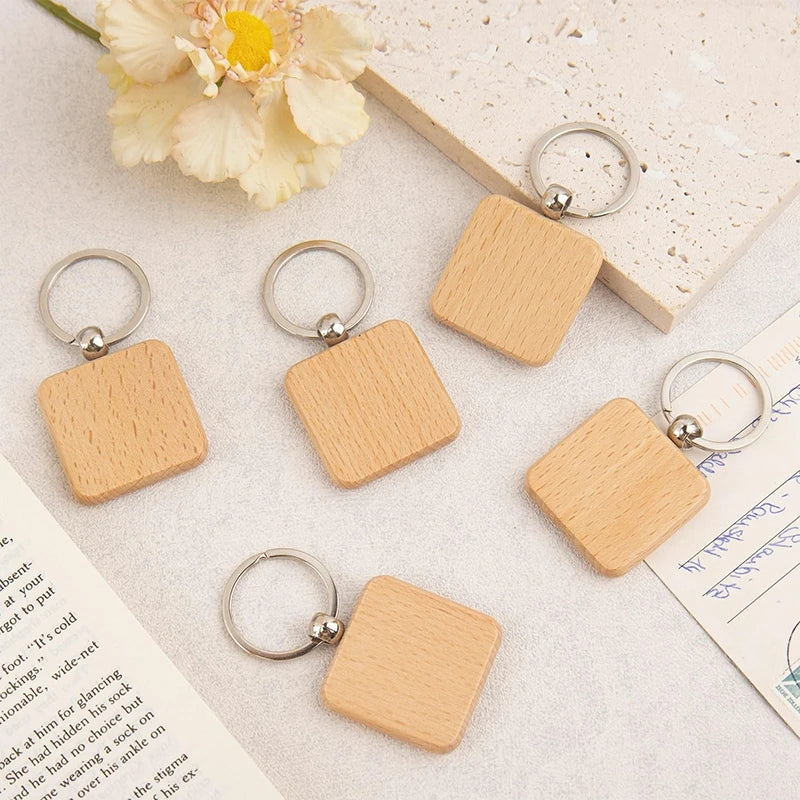 50pcs diy blank wooden keychain square key ring - chain